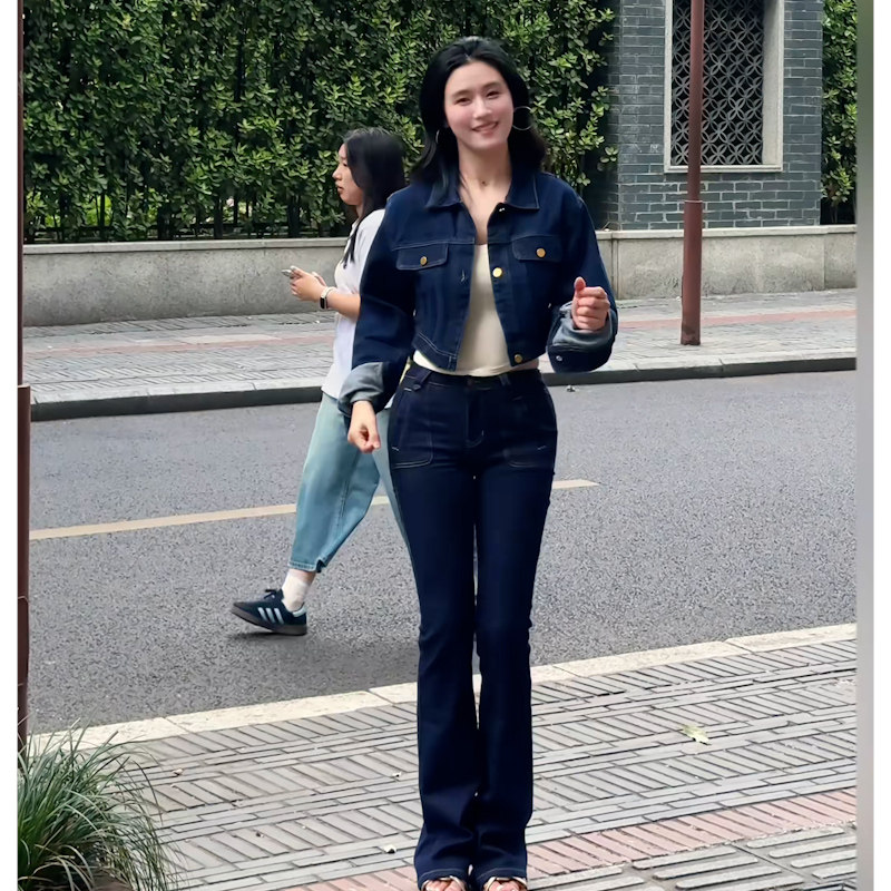 韩系淑女牛仔套装女秋季翻领外套阔腿裤两件套显瘦穿搭