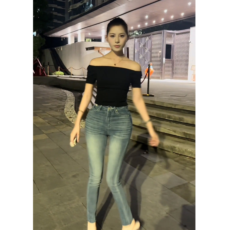 美式复古高腰牛仔裤女铅笔裤修身牛仔裤