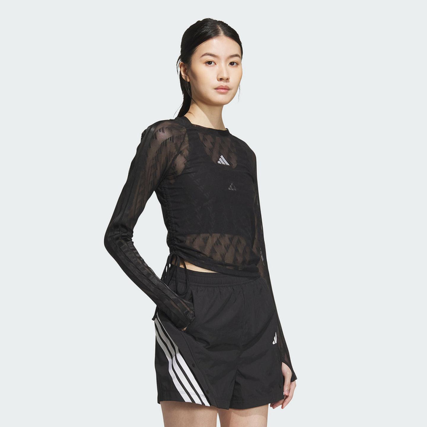 阿迪达斯秋新款修身网眼印花上衣女镂空长袖T恤黑色KB7607 KB7608