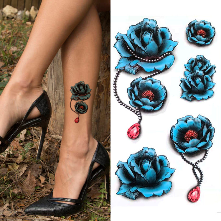 纹身贴防水女持久性感脚踝手臂蓝色妖姬玫瑰花彩色纹身贴纸