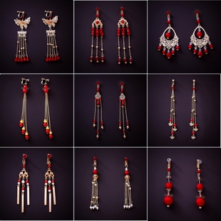 中式 新娘秀禾耳饰红色旗袍流苏耳坠原创古风耳夹龙凤褂长耳环 古装