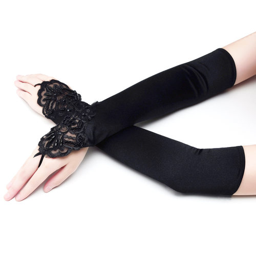 黑色显瘦加长款蕾丝花边露指手套