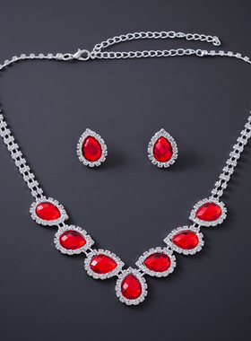 紫色水滴钻耳环项链新娘礼服颈链