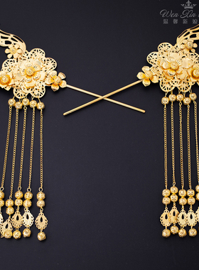 金色流苏步摇中式新娘头饰结婚饰品秀禾旗袍发簪龙凤褂凤冠配饰