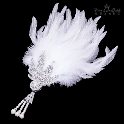 新款白色羽毛珍珠流苏边夹头饰