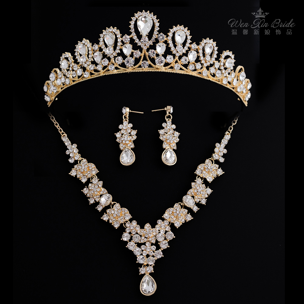 韩式新娘婚纱礼服水钻合金项链皇冠套装结婚饰品舞台演出颈链首饰