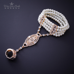 舞台演出弹力串珠手链新娘结婚饰品婚纱礼服手饰连戒指一体手背链