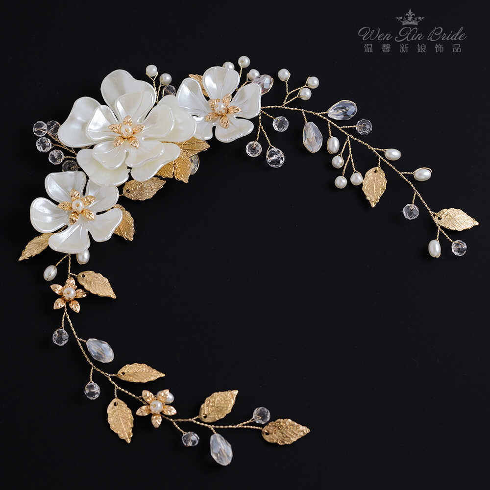 新款花朵叶子手工串珠结婚饰品水晶珠软发条头饰新娘婚礼头花配饰