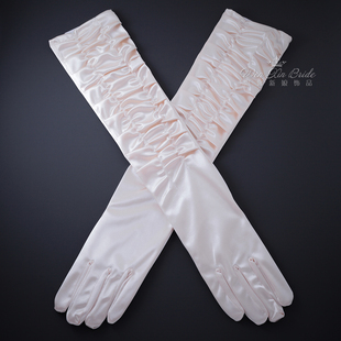 套宴会礼服手袖 舞台演出长款 褶皱包指手套新娘结婚色丁弹力段袖