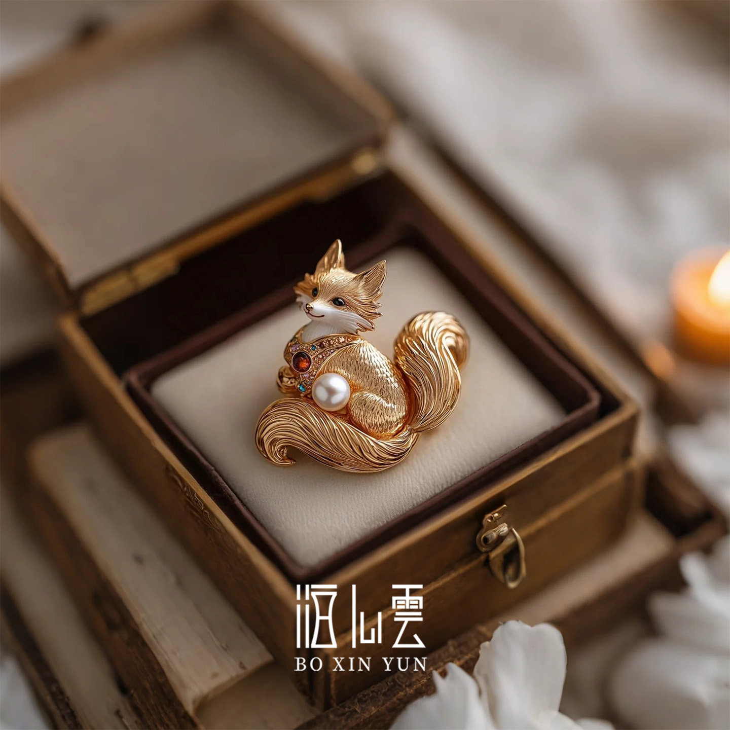 泊心云 原创手作可爱狐狸胸针高档女天然珍珠动物胸花送生日礼物