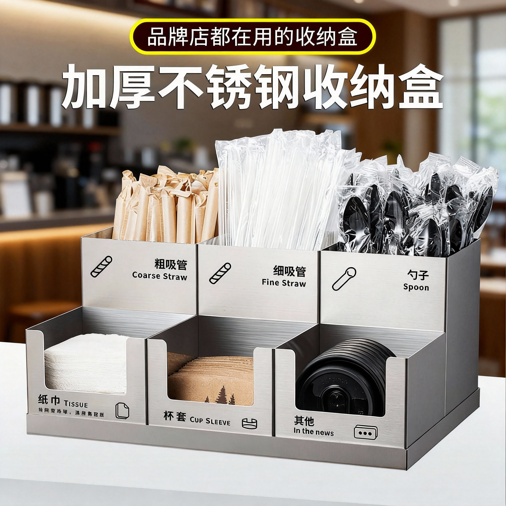 不锈钢吸管盒商用餐厅筷子勺子放置架咖啡纸巾杯套奶茶吧台收纳盒