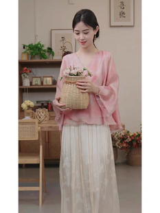 新中式 原创文艺国风两件套V领斜襟上衣改良复古提花半裙古风套装