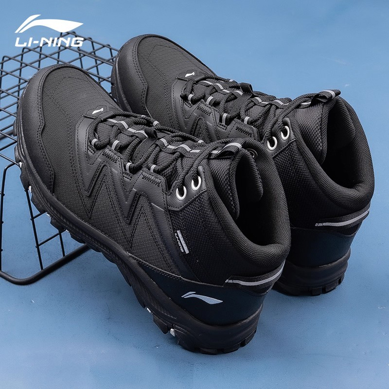 李宁休闲男鞋冬季新款2025中帮加厚网面舒适缓震耐磨黑色运动鞋