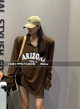 欧货大版大v领长袖t恤女磨毛加厚