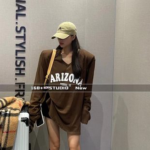 欧洲站欧货大版大v领长袖t恤女磨毛加厚打底衫内搭宽松中长款洋气