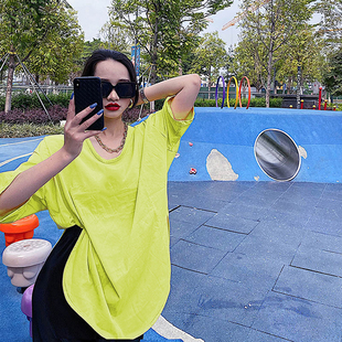 大领口u领纯棉短袖t恤女欧货大版2024新款爆款上衣半袖夏中长款夏