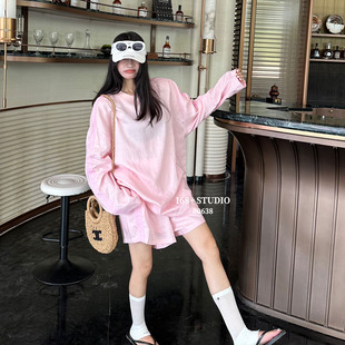 韩版复古条纹撞色防晒套装女宽松大码长袖上衣抽绳短裤运动两件套