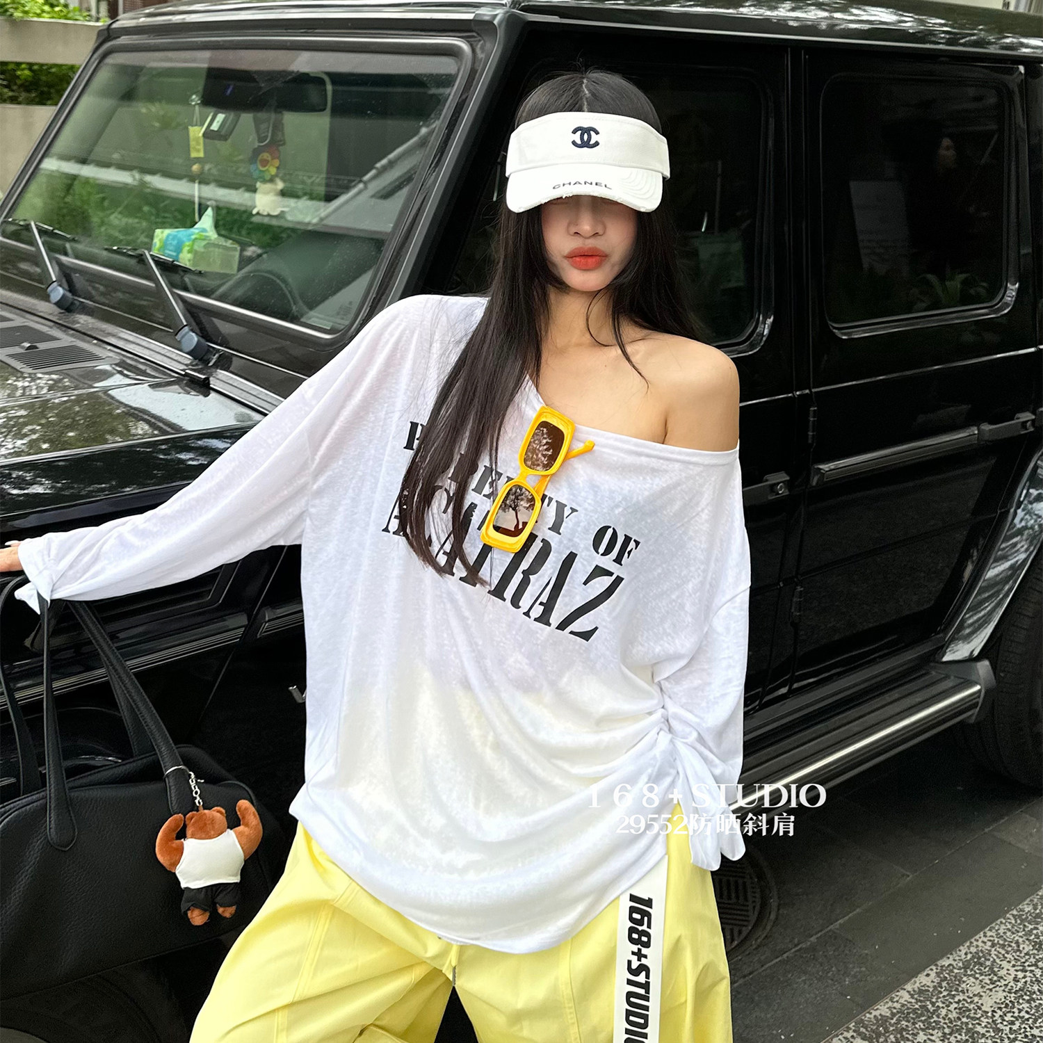 韩版宽松斜肩长袖t恤女白色字母印花防晒罩衫高级感中长款上衣潮