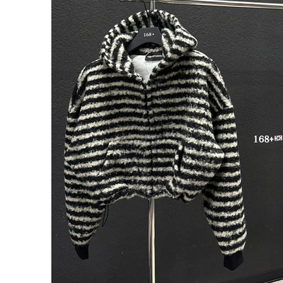 短款棒球服拉链开衫外套女加绒加厚2025新款羊羔毛条纹撞色上衣潮