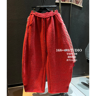 条纹撞色红色弯刀束脚裤女加绒加厚宽松韩版洋气时尚休闲裤设计感