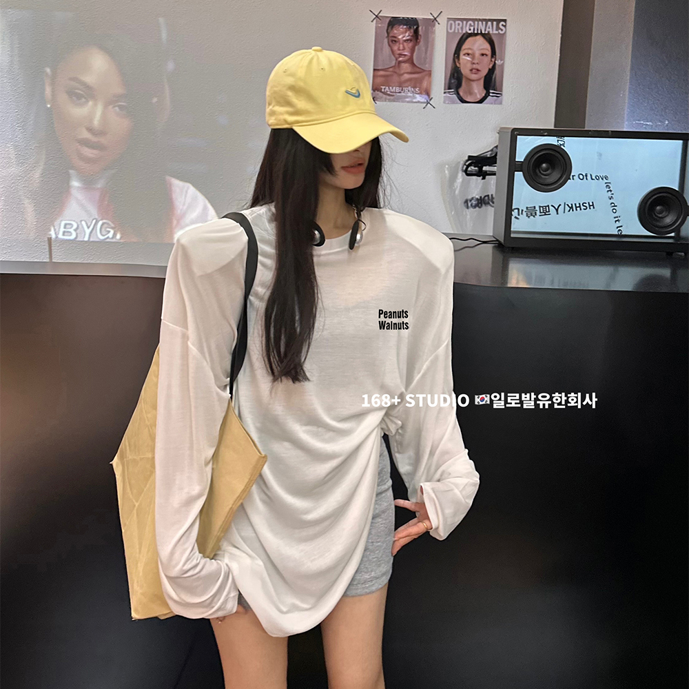 冰丝套头长袖t恤女宽松大版防晒衣2025夏季新款罩衫中长款上衣潮