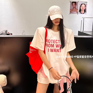 垫肩圆领纯棉短袖t恤女宽松韩版洋气体恤中长款遮屁股上衣ins潮