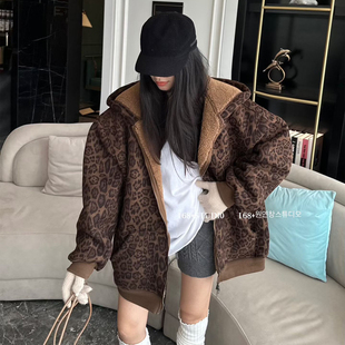 豹纹开衫卫衣外套女加绒加厚宽松大码中长款休闲上衣欧货大版洋气