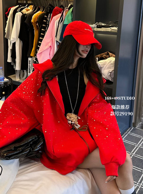 休闲慵懒风满天星烫钻连帽卫衣女宽松大版开衫拉链红色外套上衣潮
