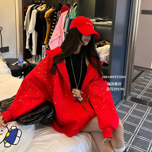 休闲慵懒风满天星烫钻连帽卫衣女宽松大版开衫拉链红色外套上衣潮