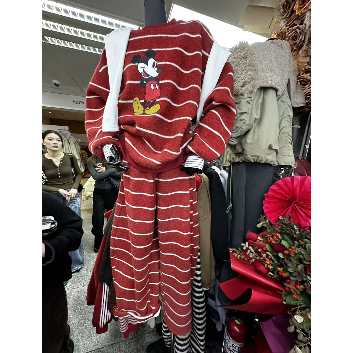 卡通米奇条纹撞色圆领套头卫衣弯刀阔腿裤两件套女加绒加厚套装潮