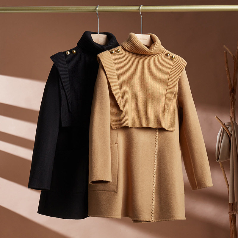 舒适亲肤！高领围脖100纯羊毛外套女秋冬中长款一粒扣双面呢大衣