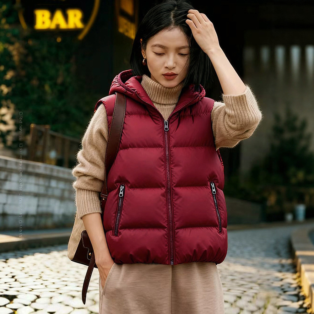 冬季厚款90白鹅绒连帽羽绒背心