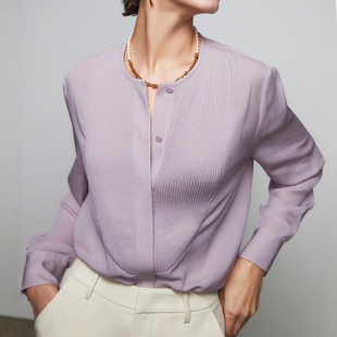 浪漫唯美 紫色迷情复古圆领桑蚕丝慢工艺风琴褶定纺鬼绉真丝衬衫