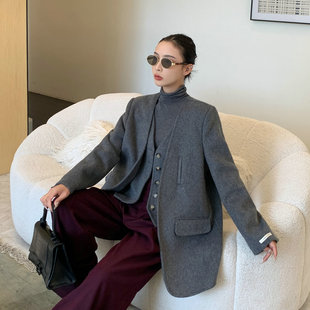 云端触感!宽松西装假两件双面羊绒大衣 秋冬中款韩版羊毛呢外套
