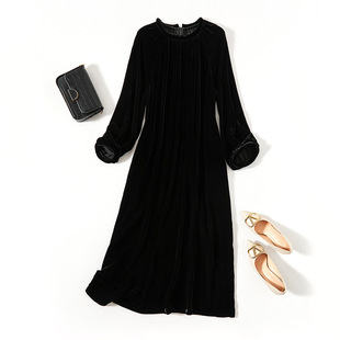 长袖 春季 OL气质桑蚕丝长裙 优雅精致真丝丝绒连衣裙 云朵般触感