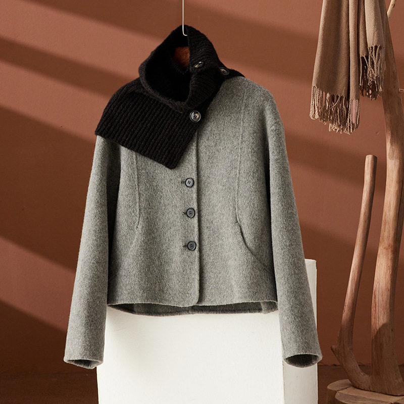 2023秋冬新款含围脖短款羊毛呢外套女休闲插袋单排扣双面羊绒大衣