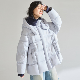 无畏严寒！冬季新款加厚撞色白鸭绒云朵羽绒服连帽拼接针织面包服