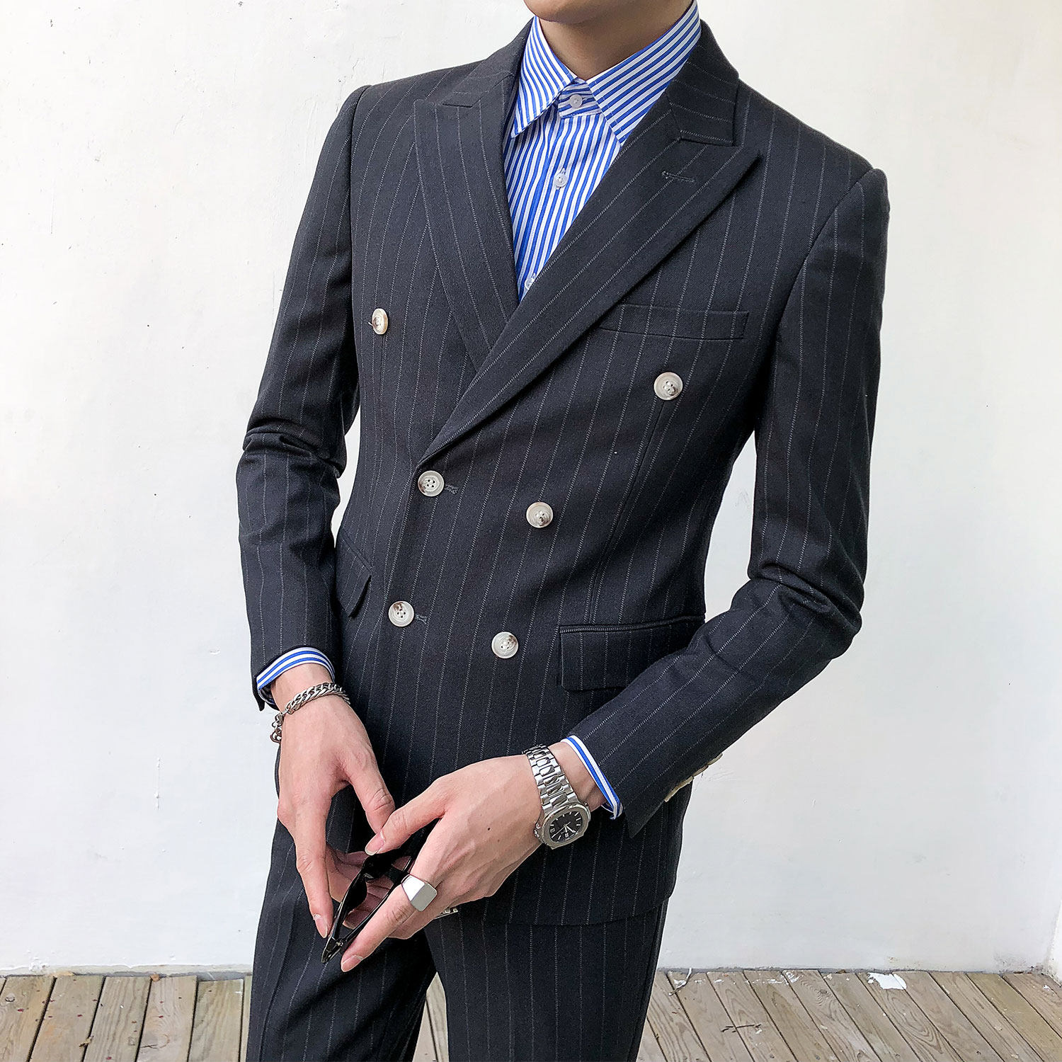 CLEARANCE DONGDAEMUN NEW STRIPED SUIT SUIT MENS SLIM DOUBLE-BREASTED SUIT TWO-PIECE GROOM WEDDING DRESS