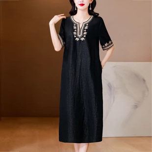 122 香云纱 裙长118 16201 黑龟领口刺绣连衣裙 真丝孤品