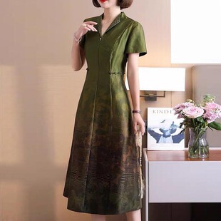 114 香云纱 裙长111 9676 刺绣V领绿色连衣裙 真丝孤品