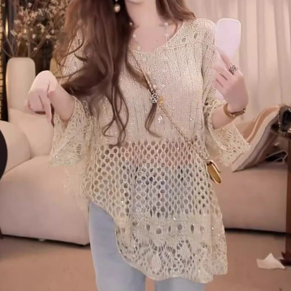 针织衫宽松女款金线亮丝防晒上衣图片