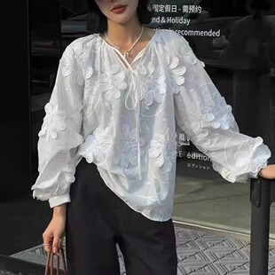 2025新款新款韩版时尚百搭宽松显瘦圆领立体花朵长袖衬衫女装上衣