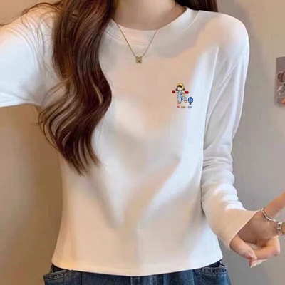 正肩纯棉长袖t恤女装时尚百搭减龄白色内搭打底衫上衣春秋冬季潮