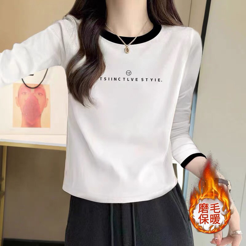 正肩拼色磨毛纯棉长袖t恤女时尚百搭加厚上衣内搭打底衫春秋冬季