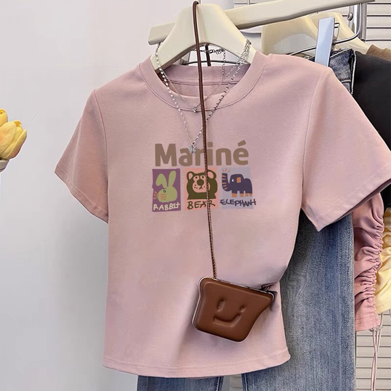 纯棉藕粉色短袖t恤女修身夏季2025新款小众显瘦减龄短款上衣体恤