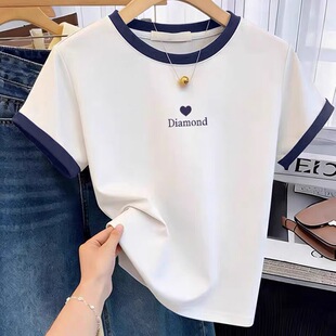百搭减龄显瘦上衣 T恤女时尚 2026春夏流行爆款 拼色正肩纯棉短袖
