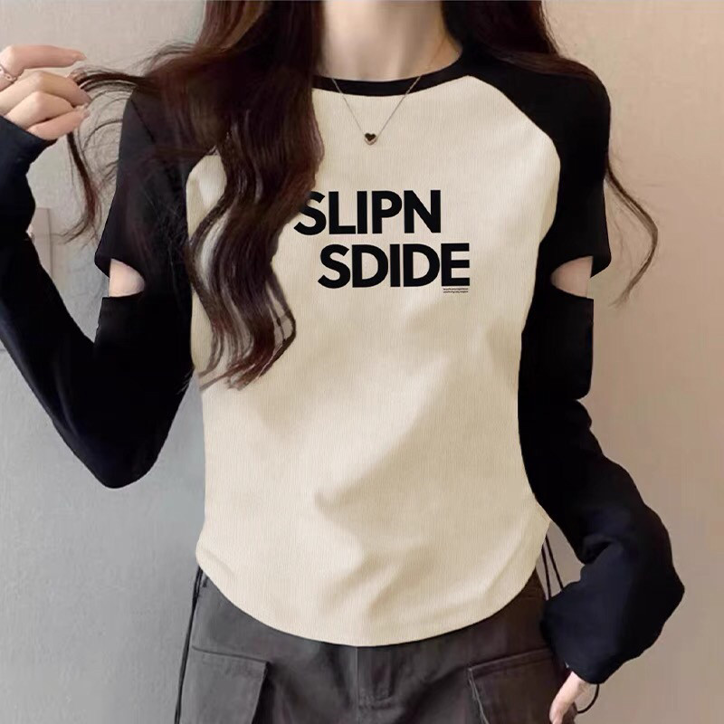 春秋气质长袖T恤女内搭2025新款打底衫显瘦撞色插肩袖破洞上衣潮