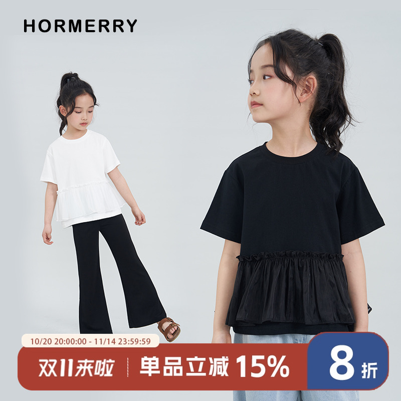 赫米童装 2025夏季新款女童网纱拼接荷叶边短袖T恤蛋糕蓬蓬裙上衣