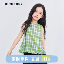 赫米童装 2025夏季新款木耳边无袖娃娃衫中大童女童日系格子衬衫