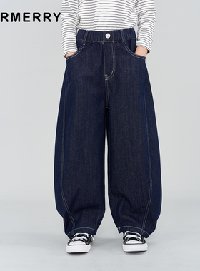 赫米童装2026春秋款儿童廓形弯刀不掉色牛仔裤宽松阔腿长裤中大童